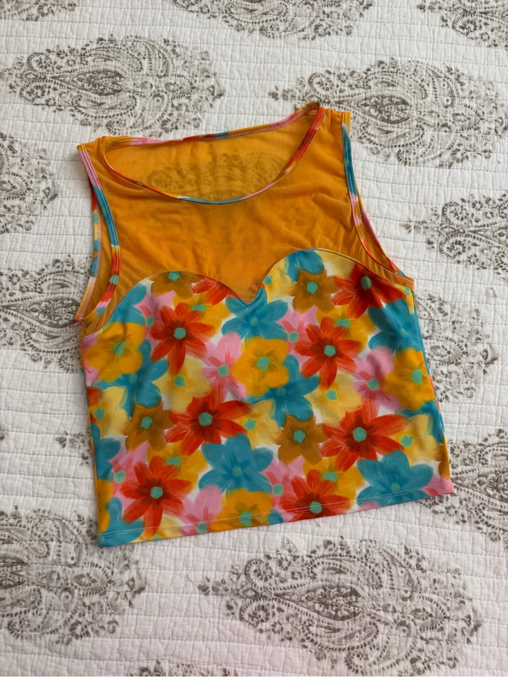 Kortni Jeane Yellow Mesh Floral Sweetheart Crop Top